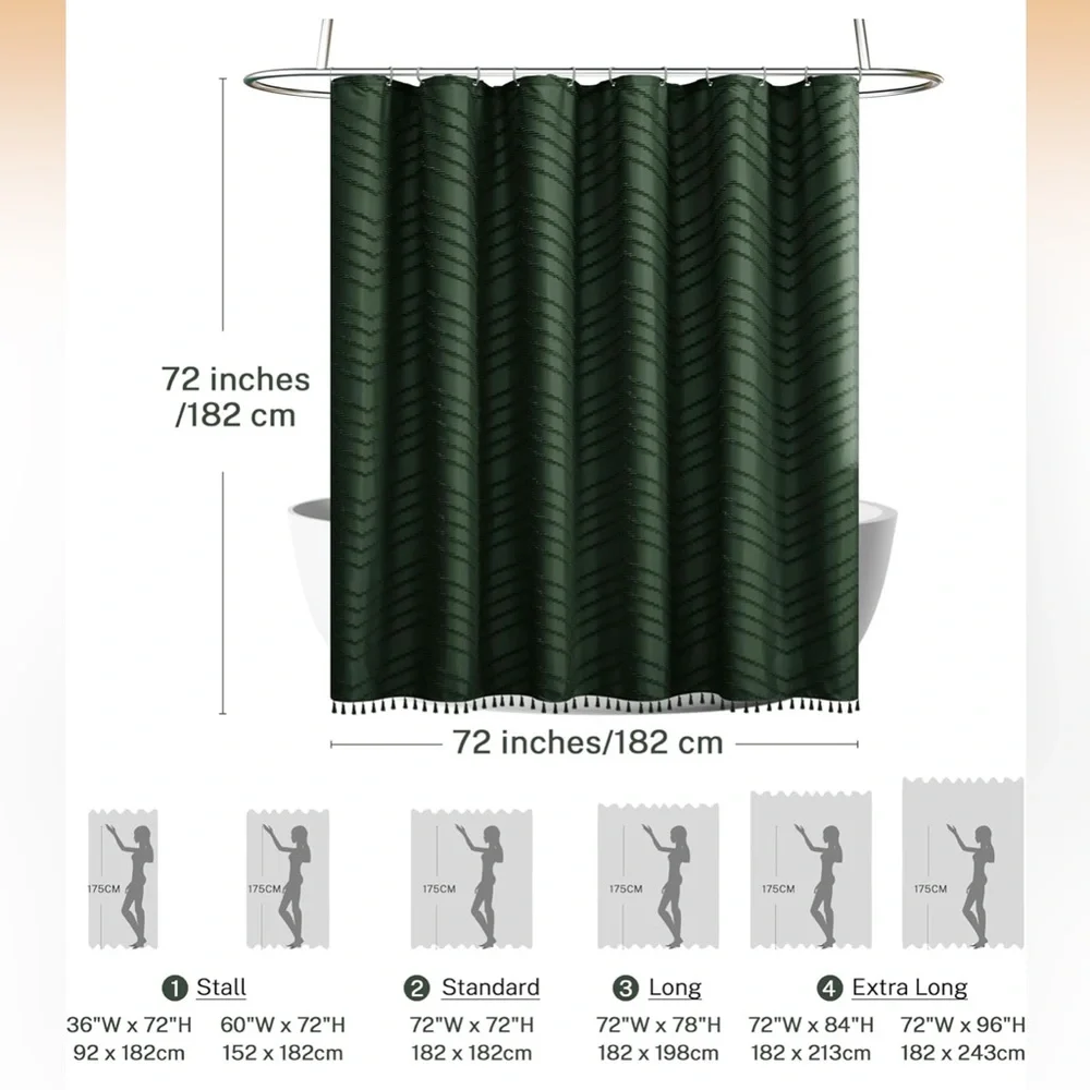 NWT Dark Green Boho Shower Curtain with Tassel Woven Fabric Farmhouse 72 x 72”